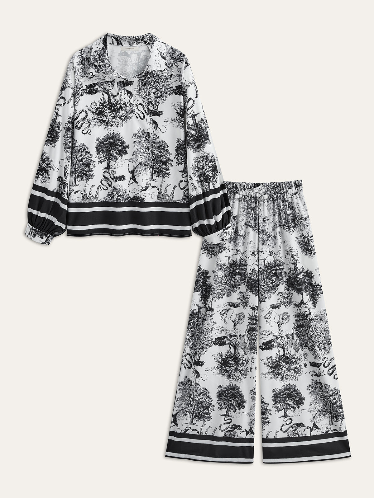 Printed Pants Set With Striped Trim