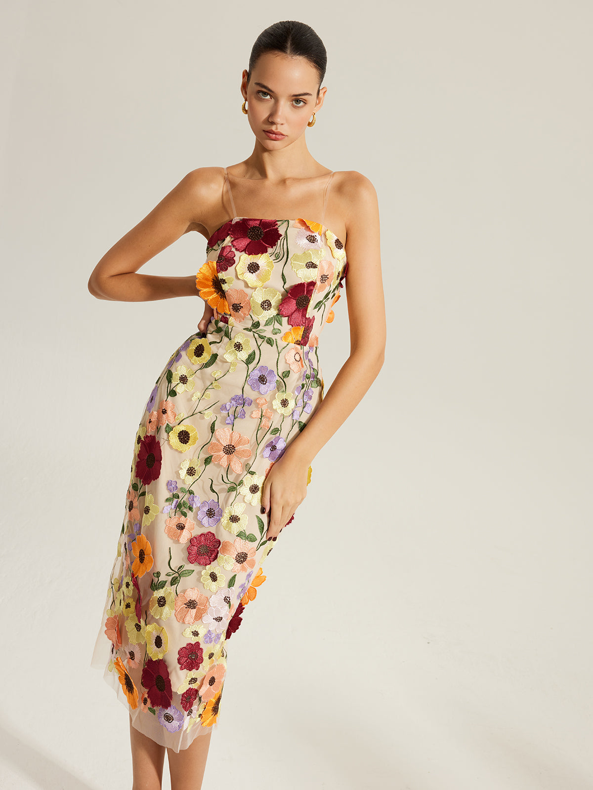 Embroidered Floral Dress With Clear Straps