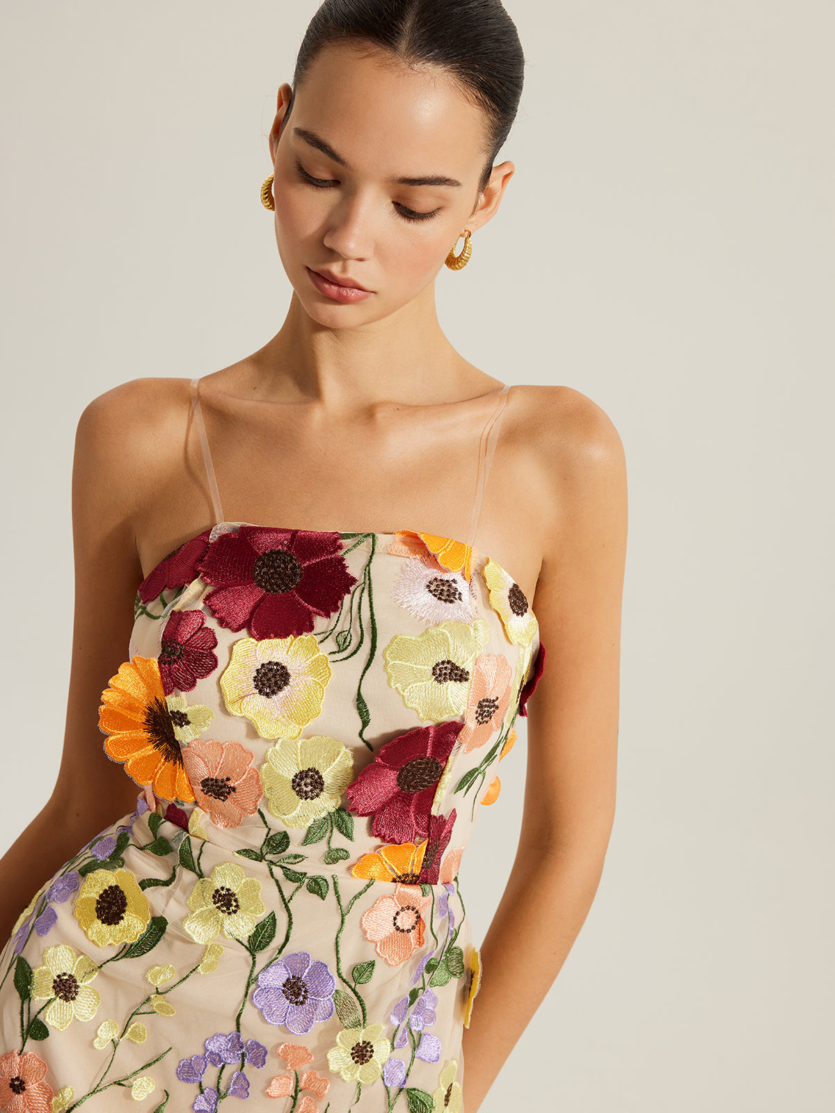 Embroidered Floral Dress With Clear Straps