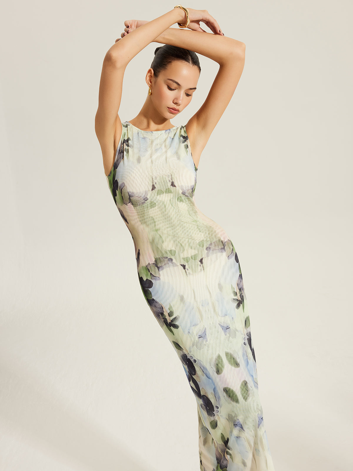 Floral Print Sleeveless Mesh Dress