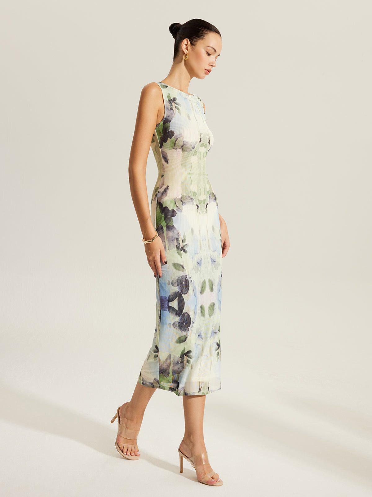 Floral Print Sleeveless Mesh Dress