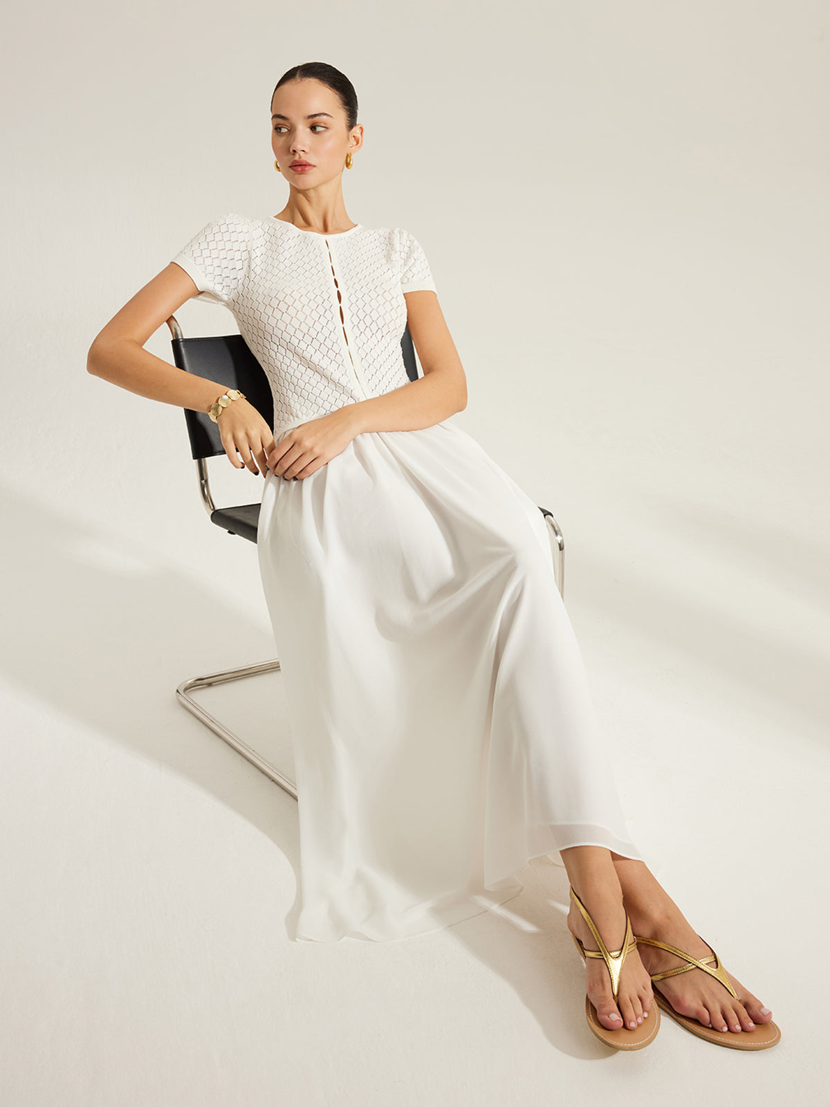 Sheer-Panel Button-Front Knit Dress