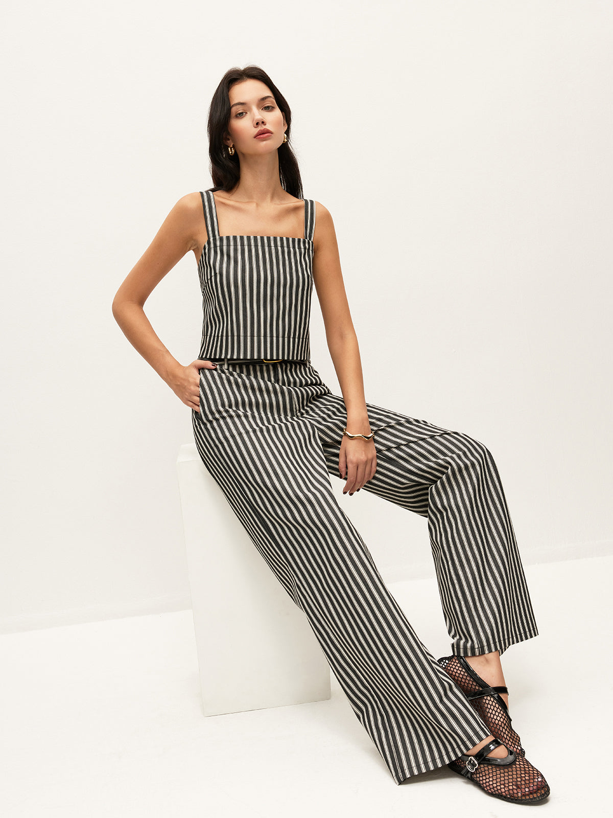 Mid-Waist Striped Pockets Pants Without Belt