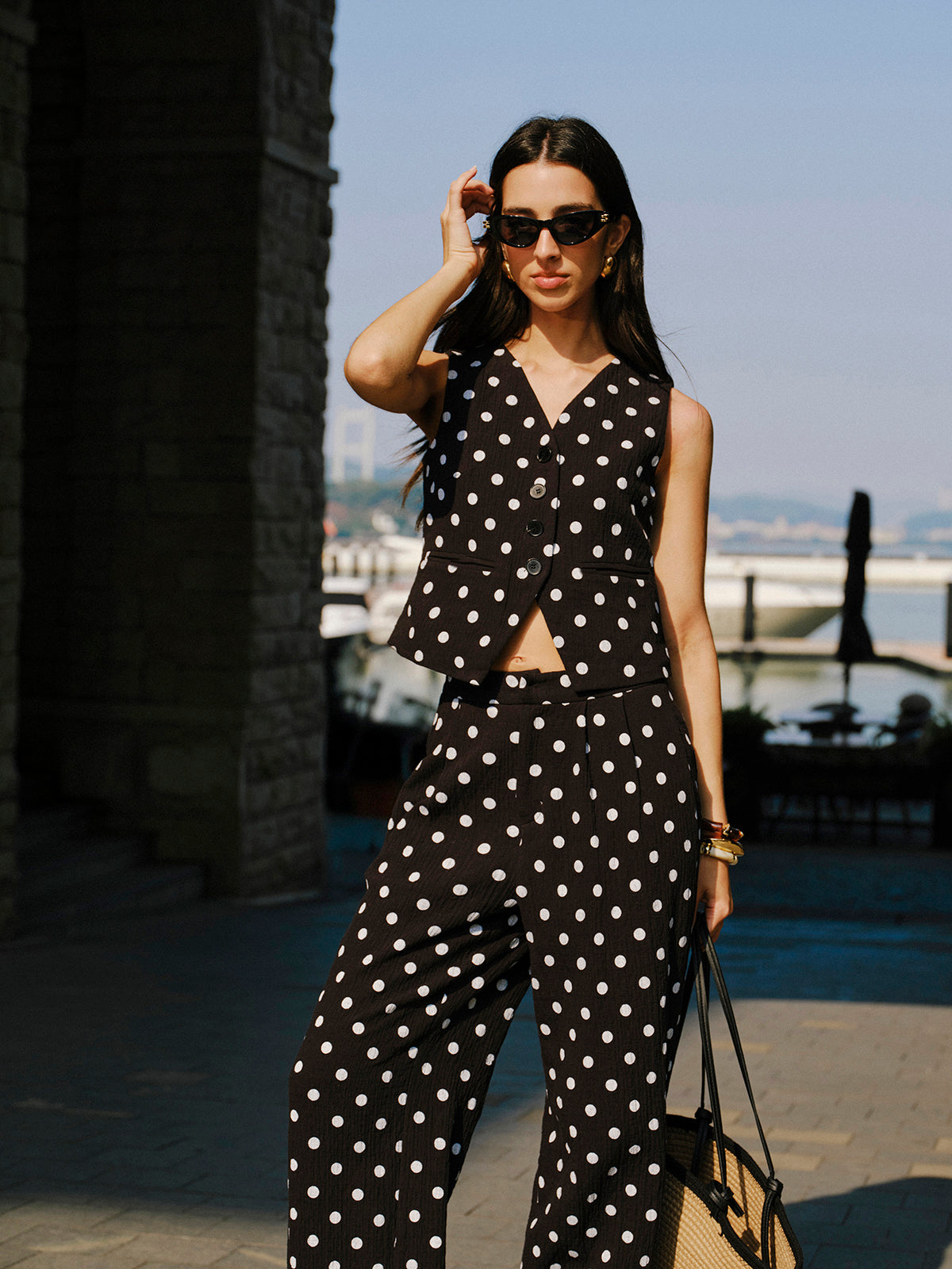 Cotton Polka Dot Vest With Pants Set
