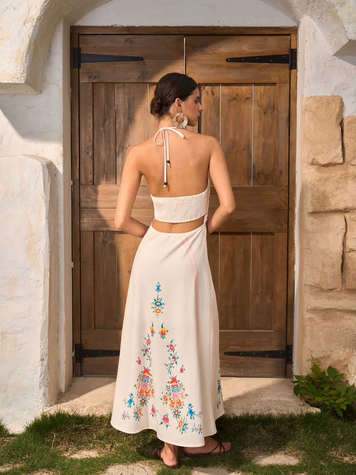 Floral Print Backless Halter Dress