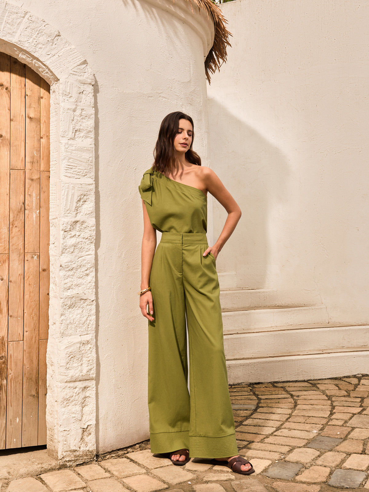 Cotton & Linen One-Shoulder Top With Pants Set