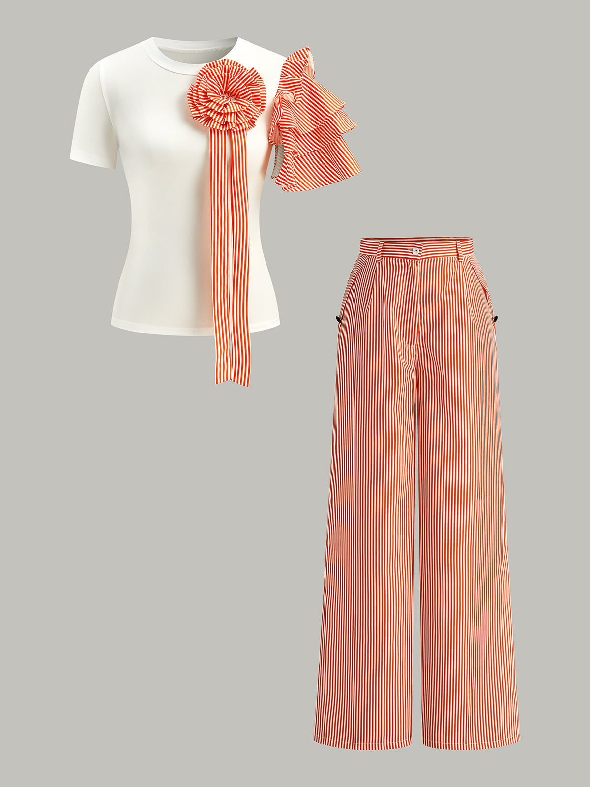 Striped Rosette Detail Top With Pants Set