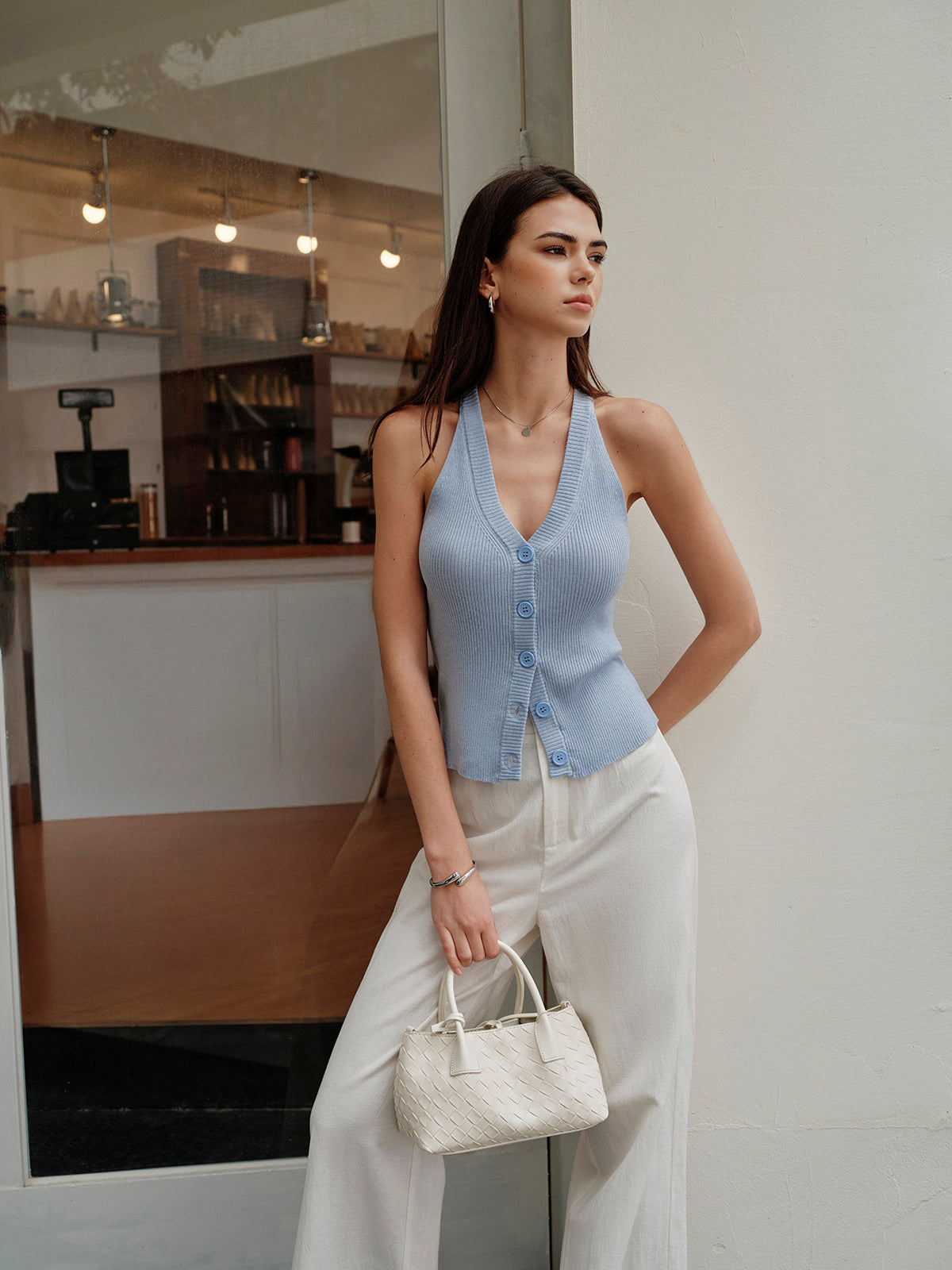 V-Neck Ribbed Split Sweater Vest