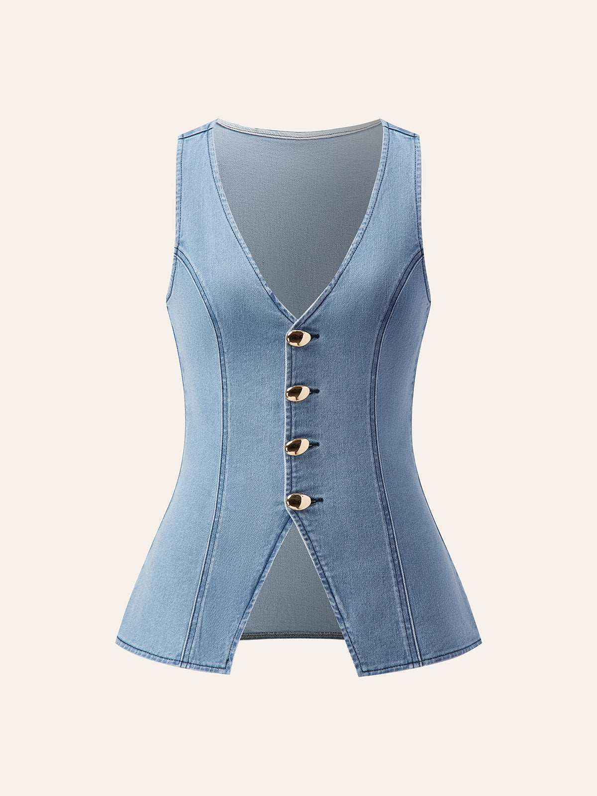 Metal Button Tie-Back Denim V-Neck Shorts Set