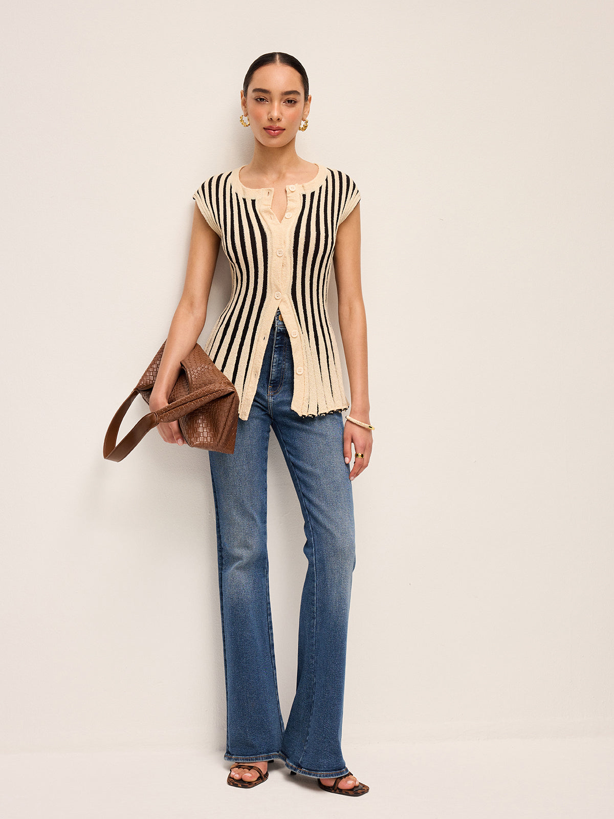 Stripe Button-Front Knit Top