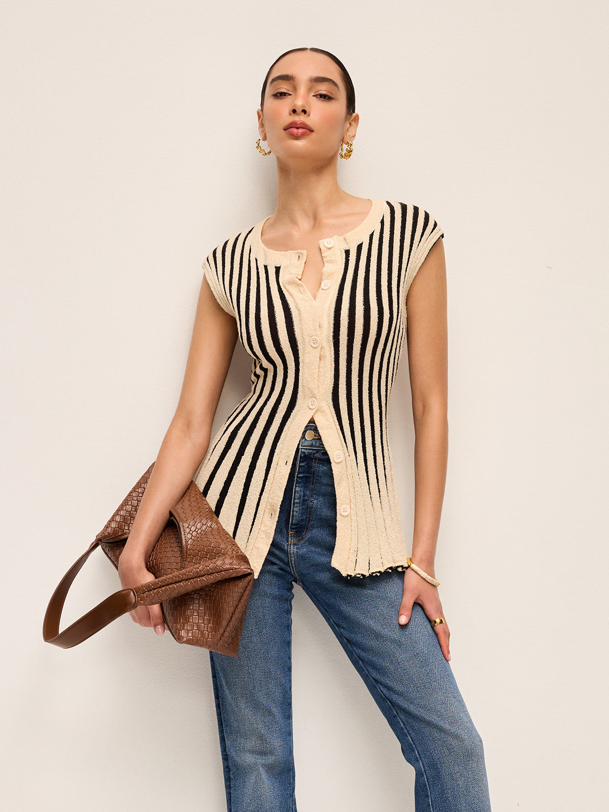 Stripe Button-Front Knit Top