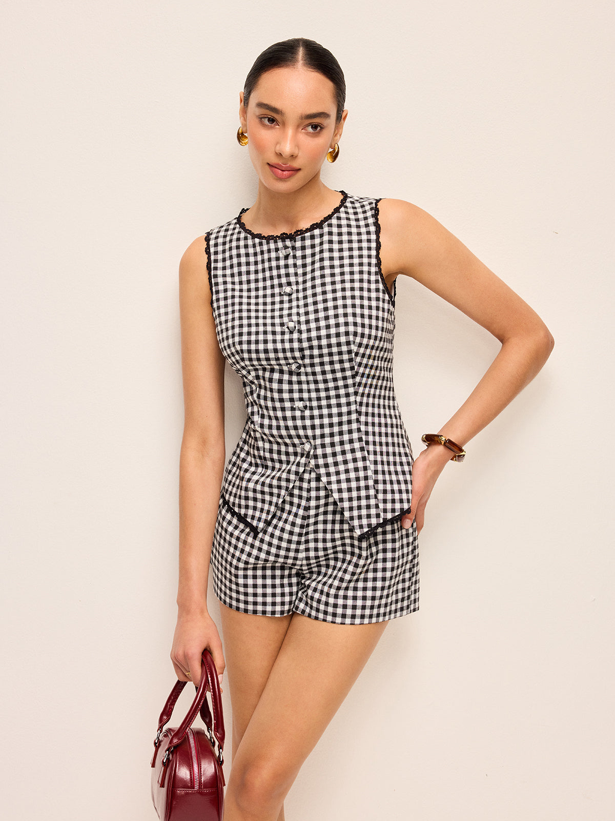 Gingham Sleeveless Button-Front Short-Set With Contrast Trim And Belt
