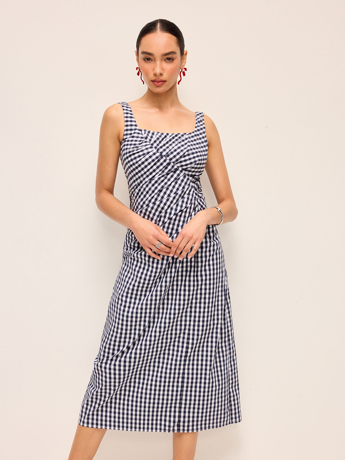 Sleeveless Gingham Dress With Asymmetric Pleats