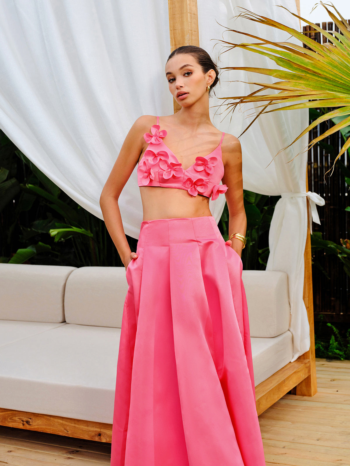 Floral Embellished Crop Top With A-Line Skirt Set