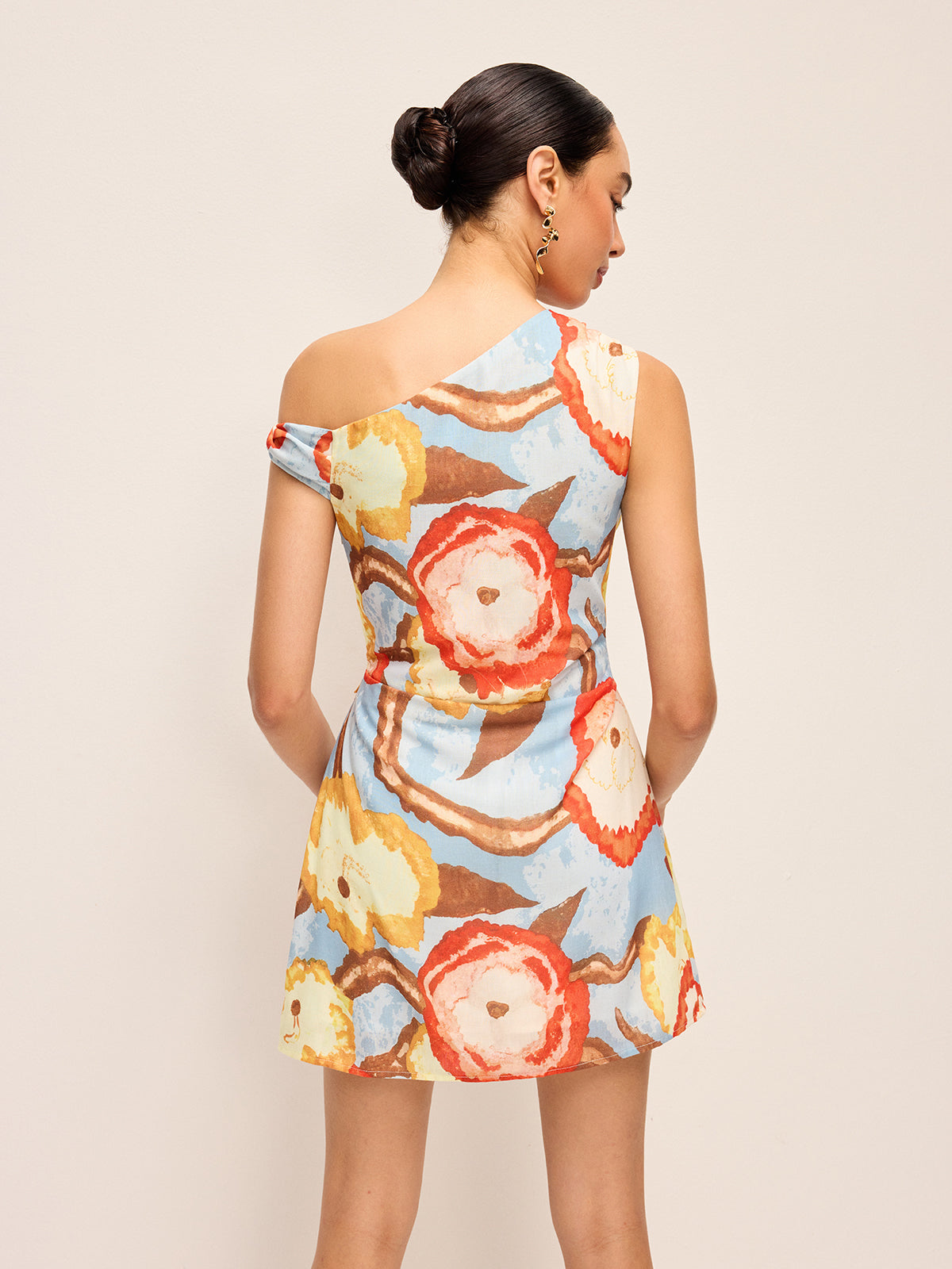 Asymmetric Neck Belted Print Dress