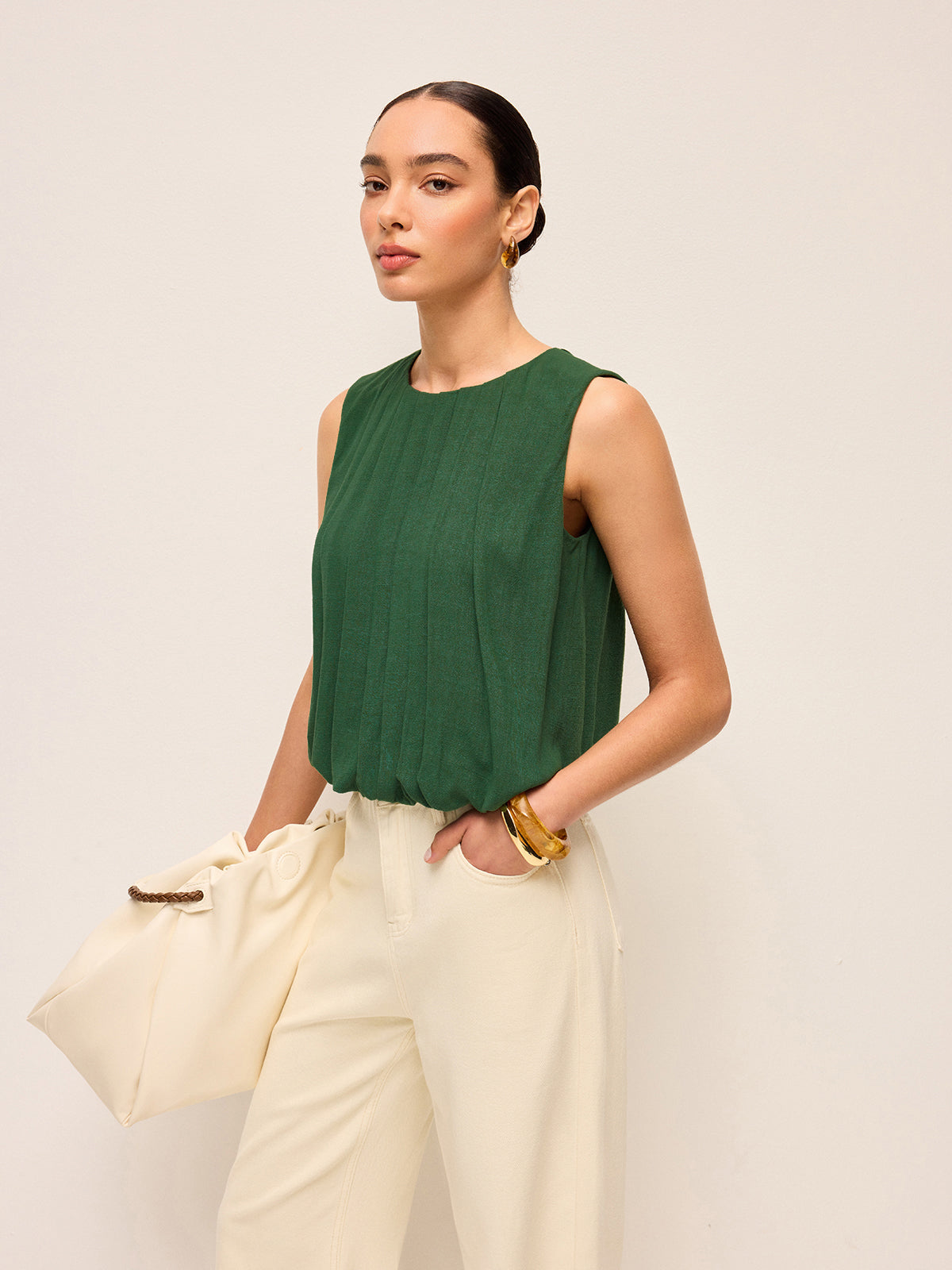 Pleated Cotton & Linen Sleeveless Top