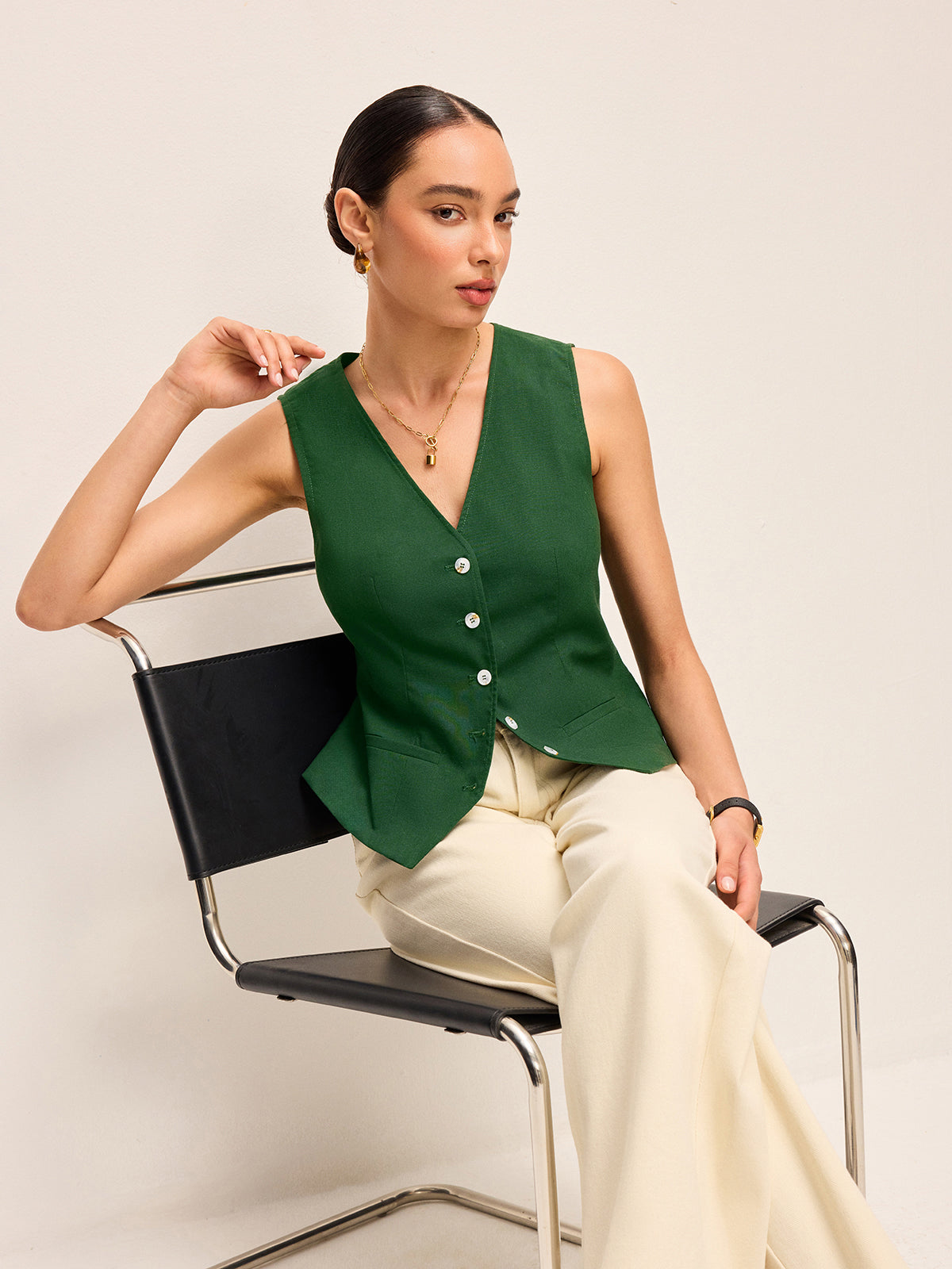Cotton & Linen Asymmetric Button Vest With Back Bow