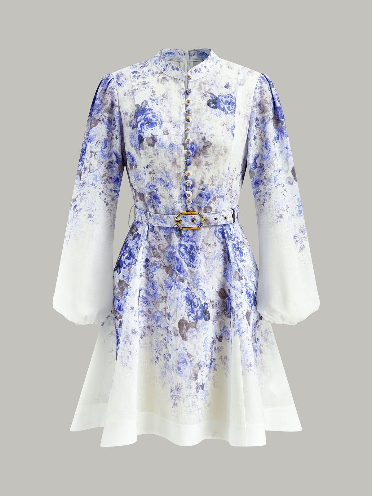 Cotton & Linen Puff Sleeve Floral Belted Dress