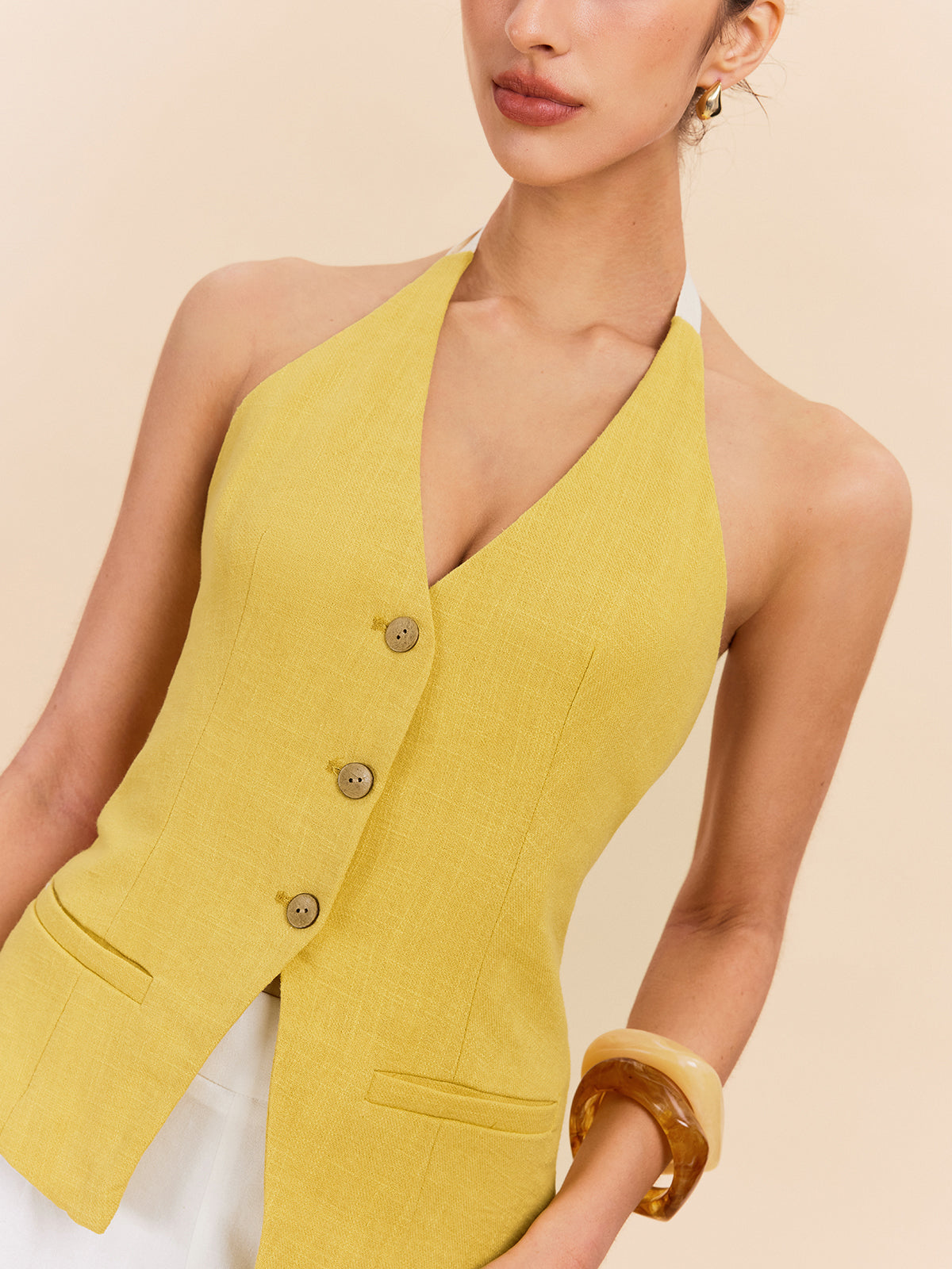 Cotton & Linen Halter Top With Decor Pocket