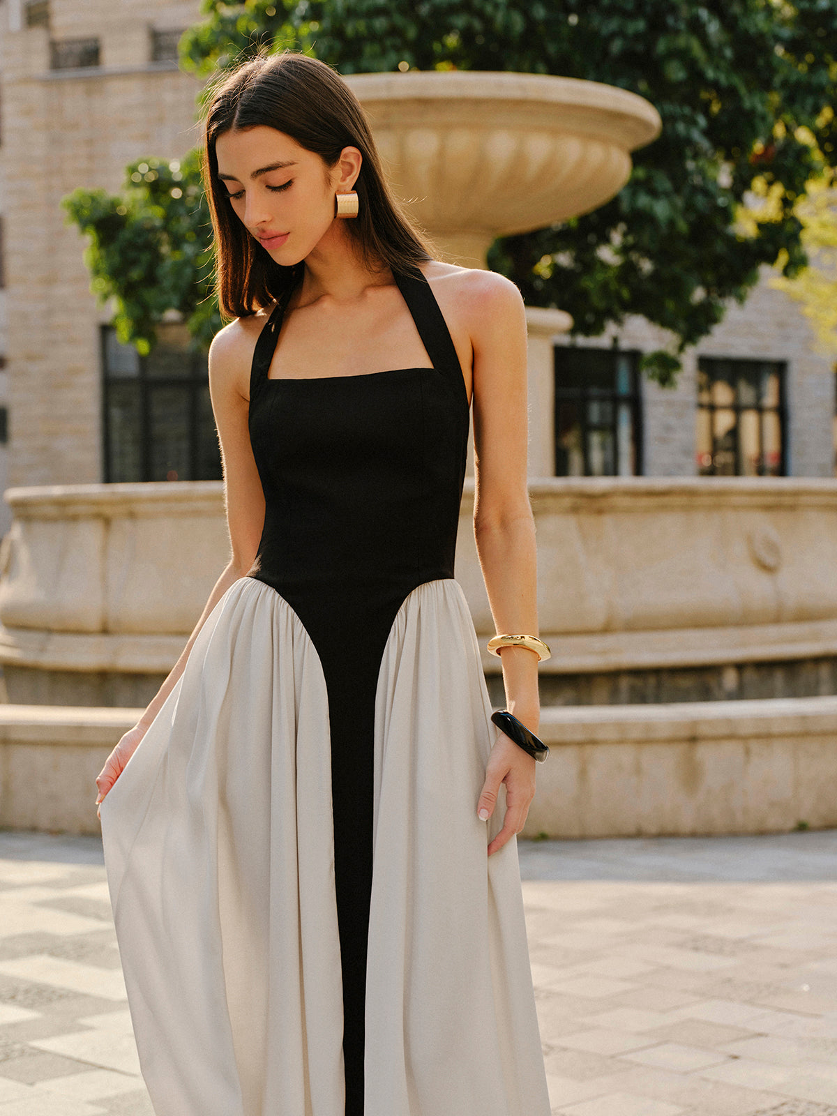 Color Block Halter Neck Linen Blend Dress