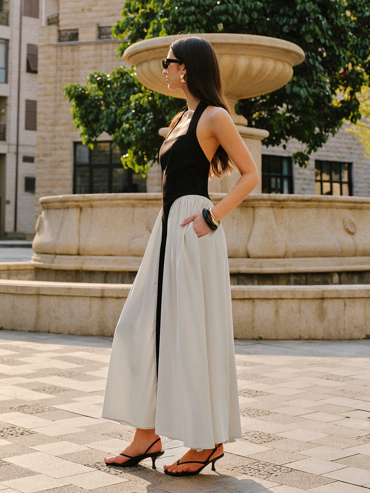 Color Block Halter Neck Linen Blend Dress