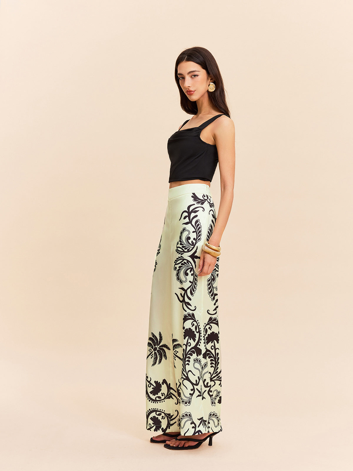 High-Waist Tropical Print Satin Pants