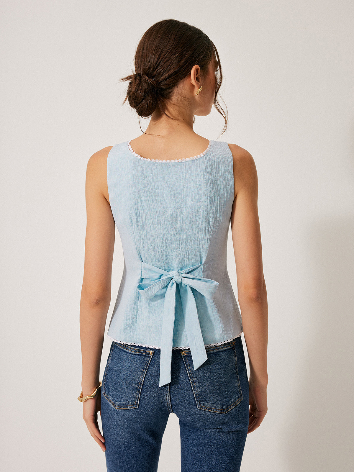 Button-Front Lace Trimmed Top