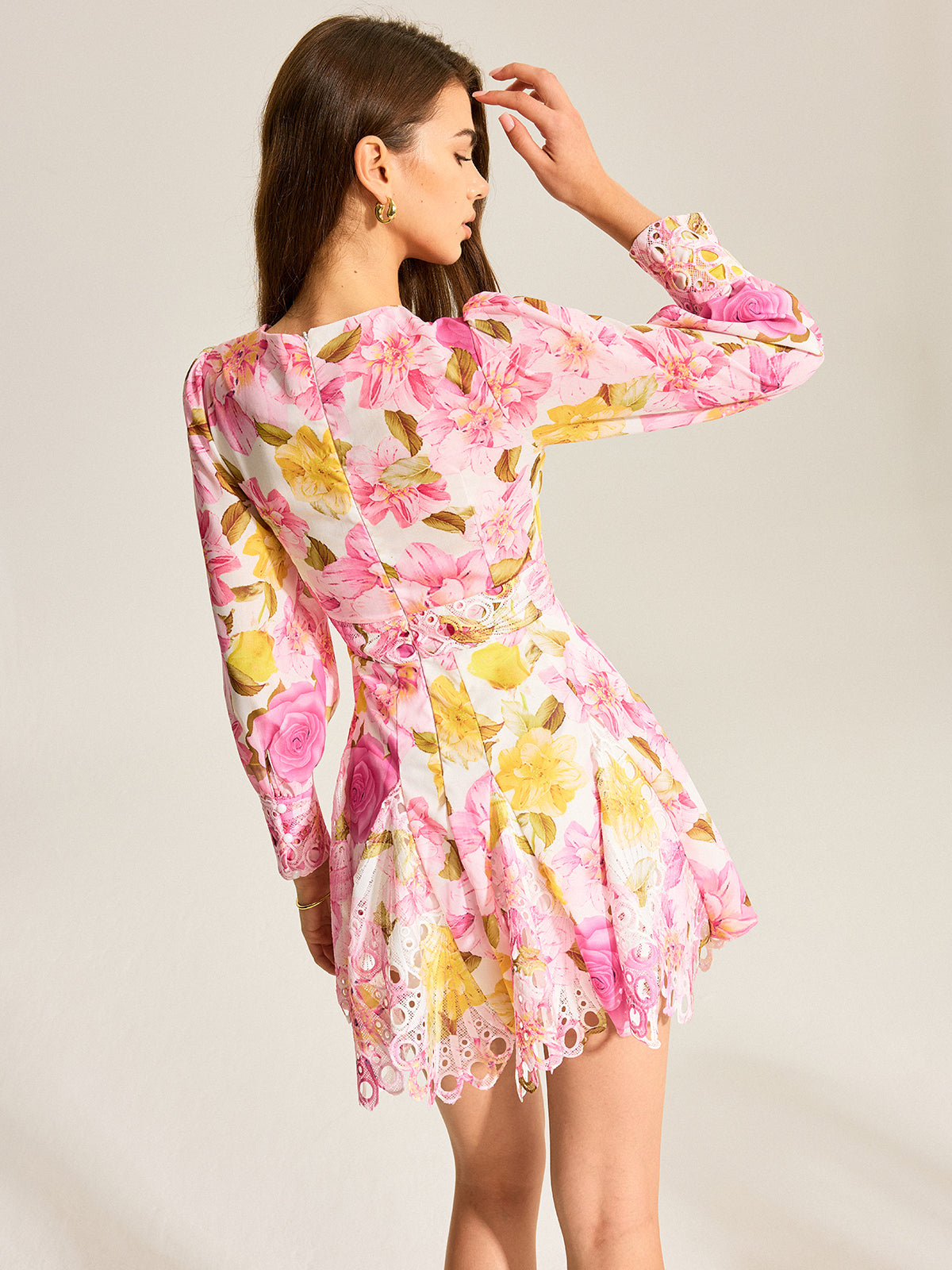 Floral Print V-Neck Dress With Eyelet Detail