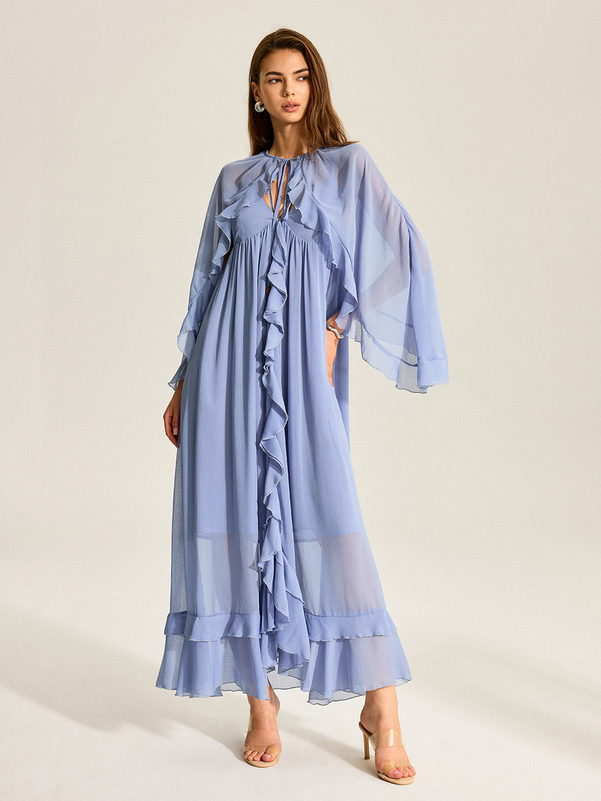 Cape Two-Piece Ruffled Chiffon Dress