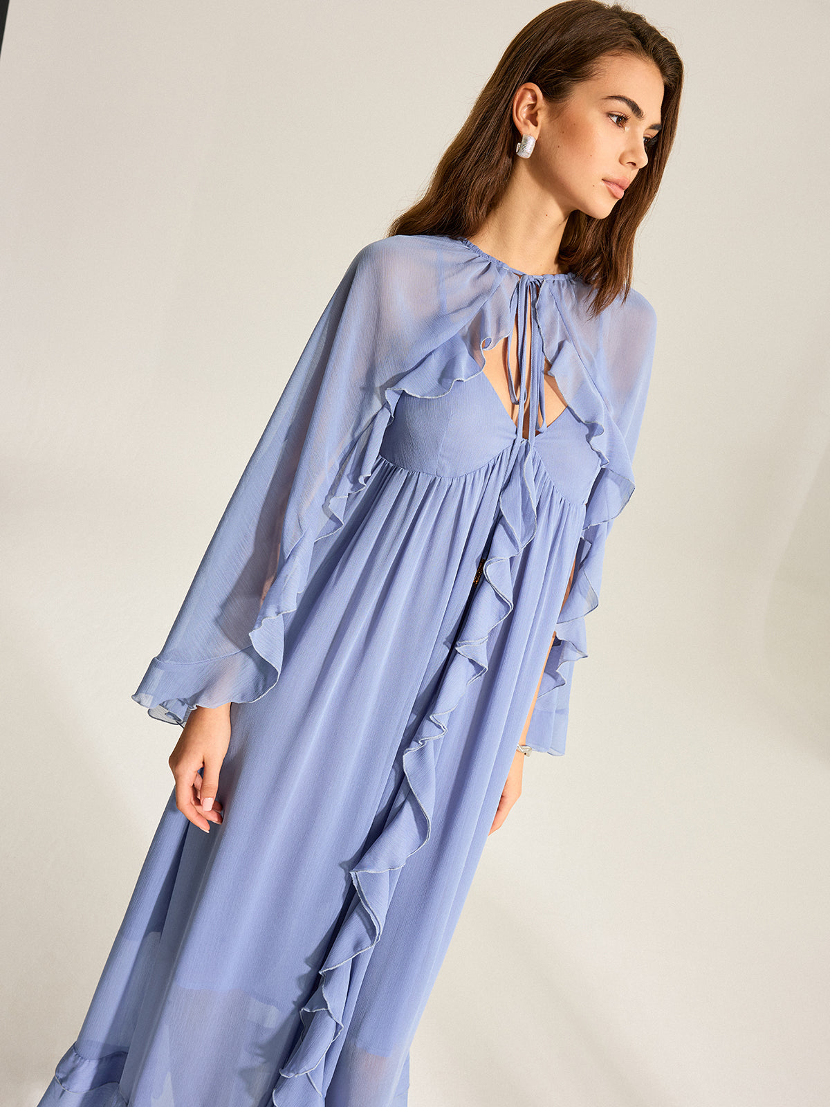 Cape Two-Piece Ruffled Chiffon Dress