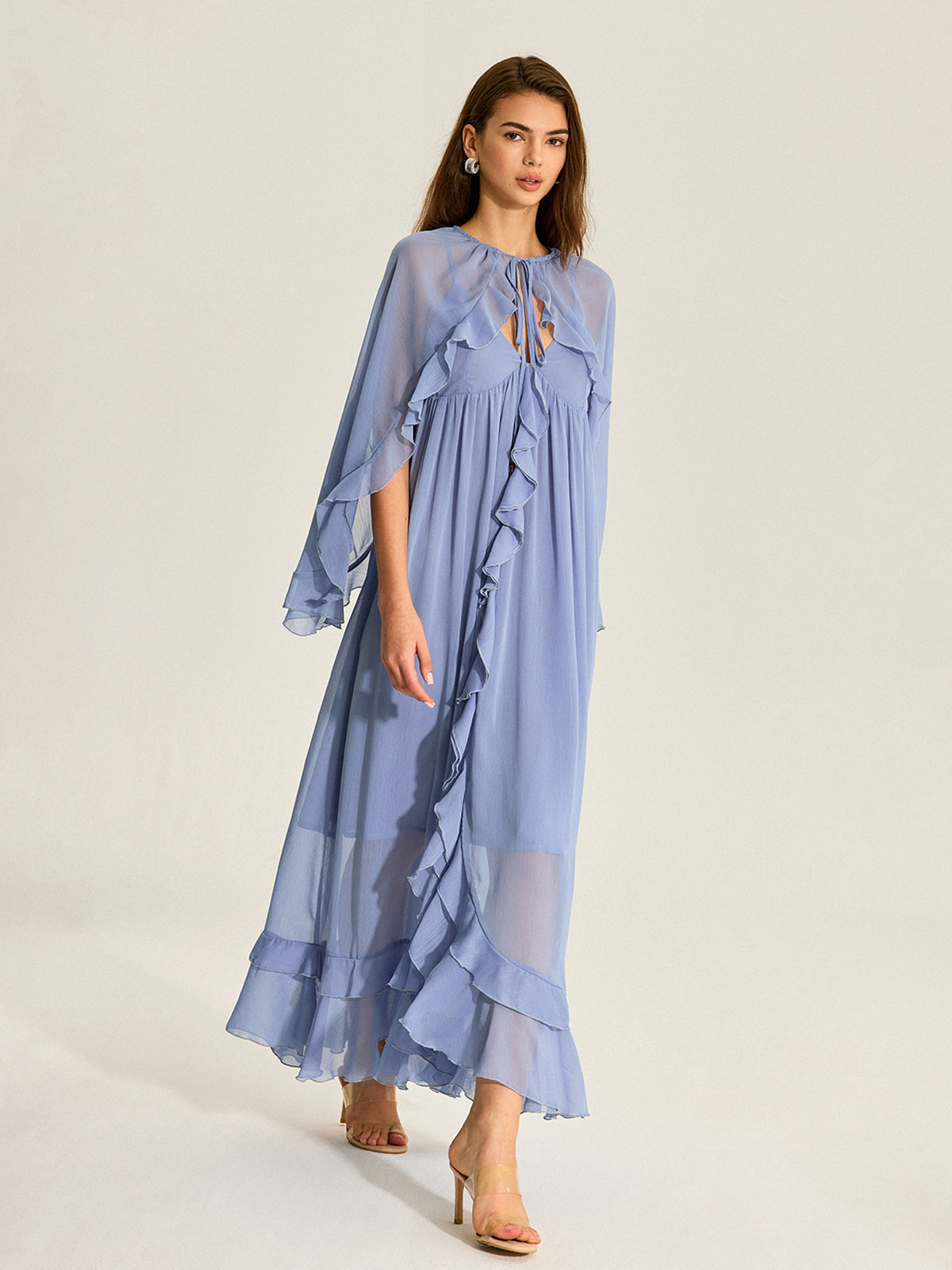Cape Two-Piece Ruffled Chiffon Dress