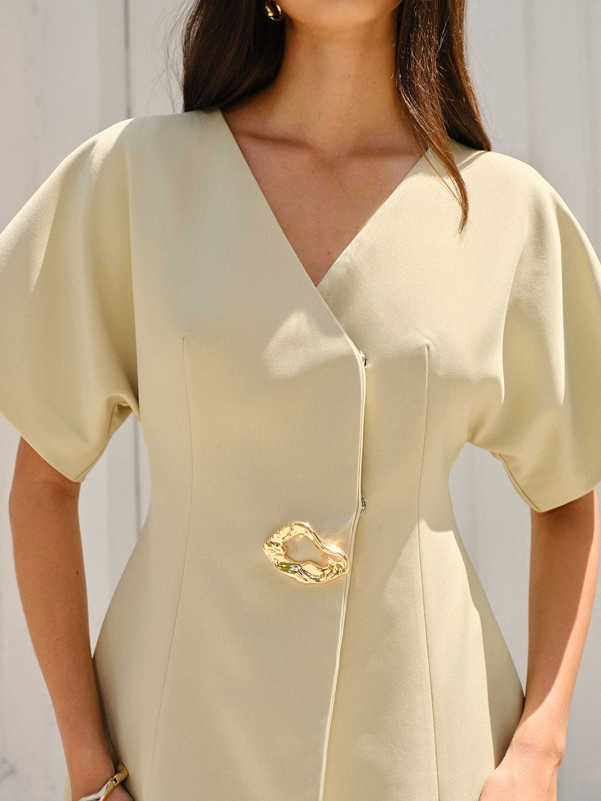 Short-Sleeved V-Neck Buttoned Mini Dress