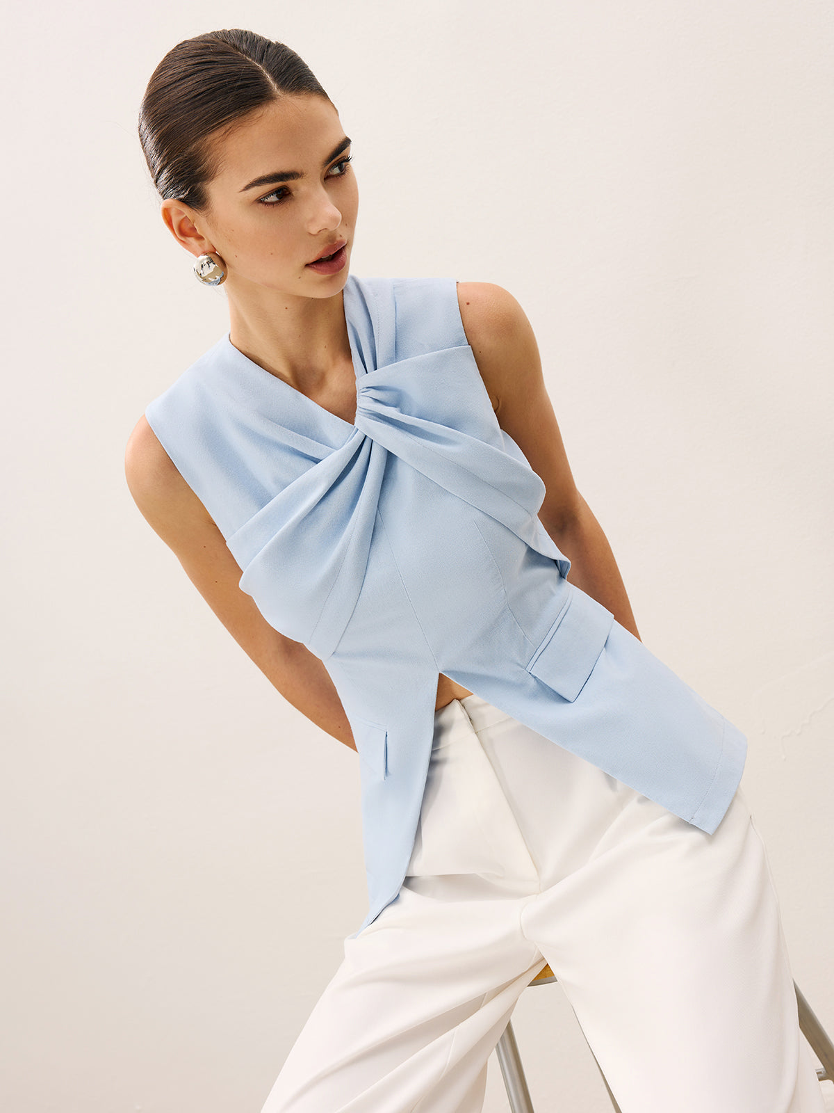 Linen & Cotton Pleated Sleeveless Vest With Invisible Zipper