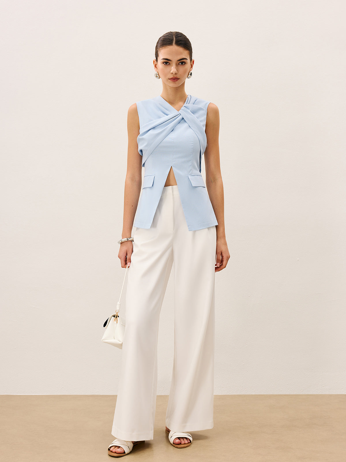 Linen & Cotton Pleated Sleeveless Vest With Invisible Zipper