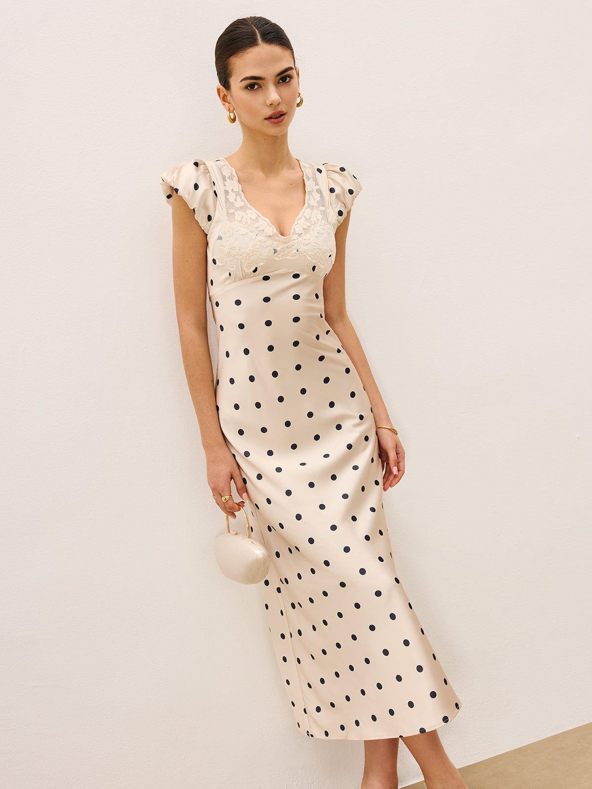 Lace Trim Polka Dot Dress With Invisible Zipper