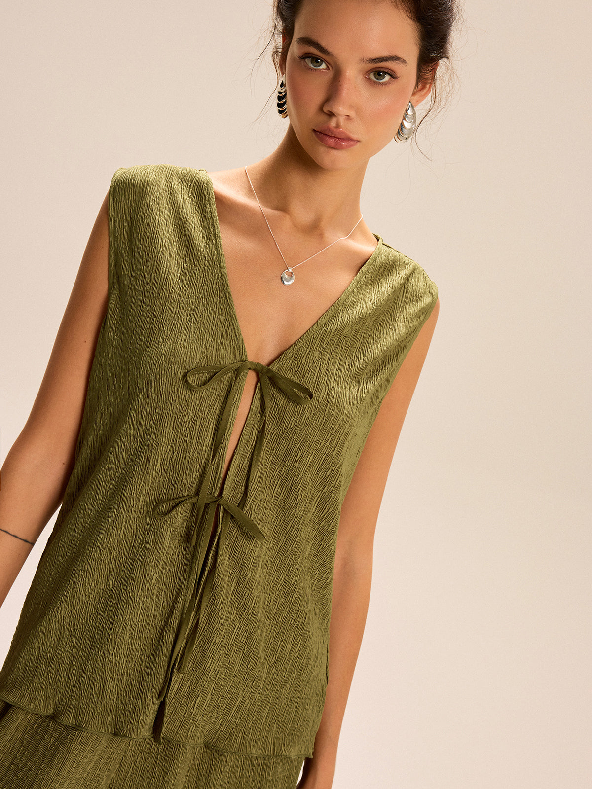 Sleeveless Tie-Front Top and Wide-Leg Pants Set