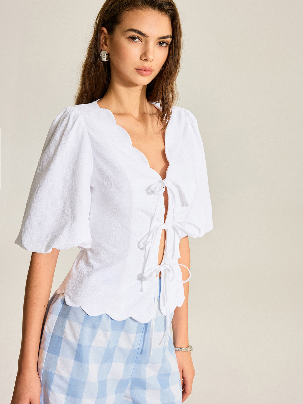 Cotton & Linen Scallop Trim Puff Sleeve Top