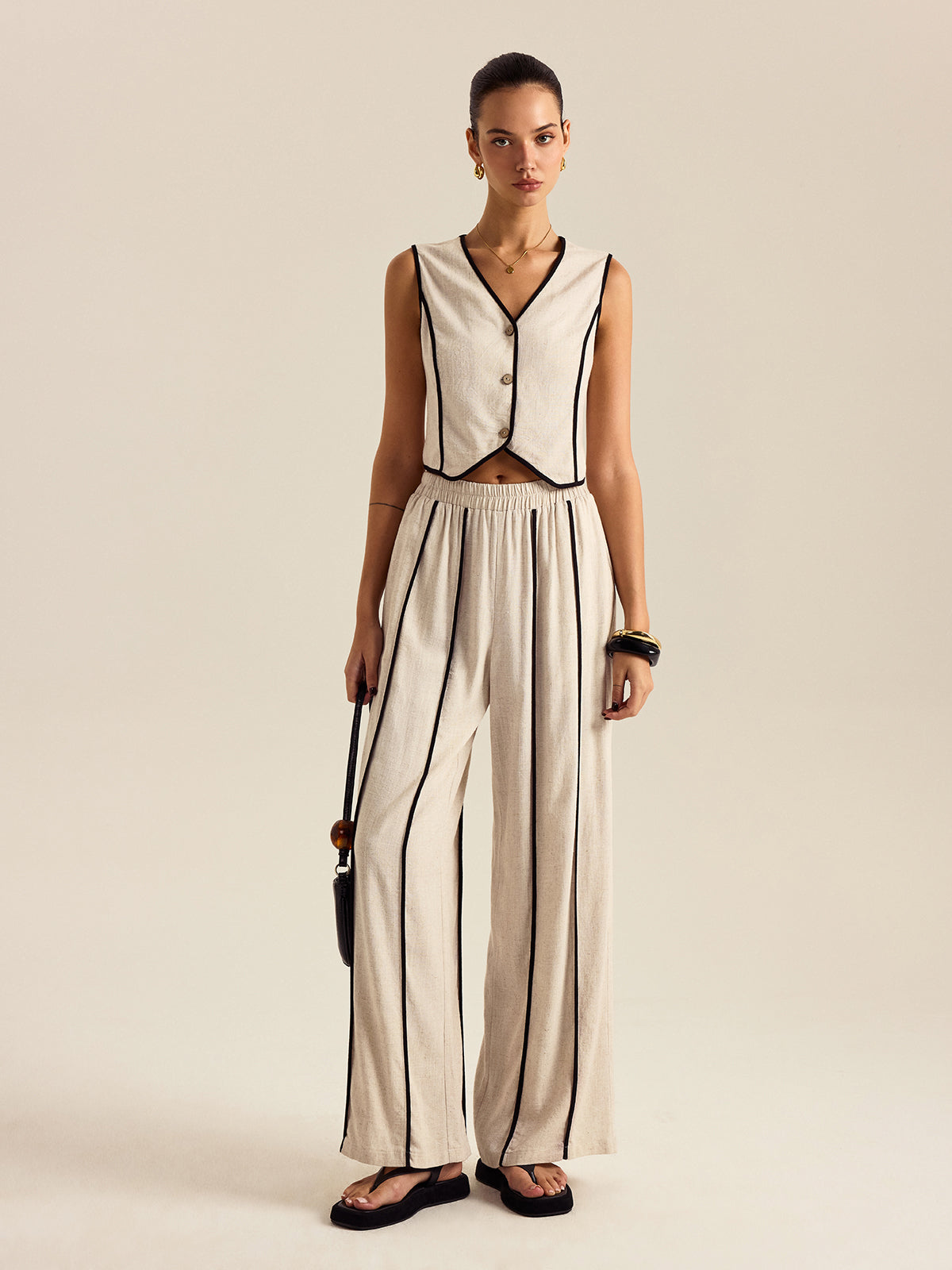 Linen & Cotton Striped Pants Set With Elastic Waist