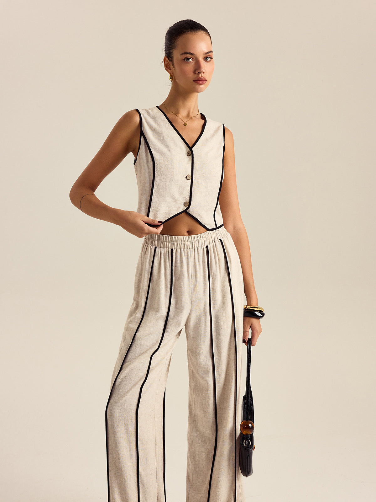 Linen & Cotton Striped Pants Set With Elastic Waist