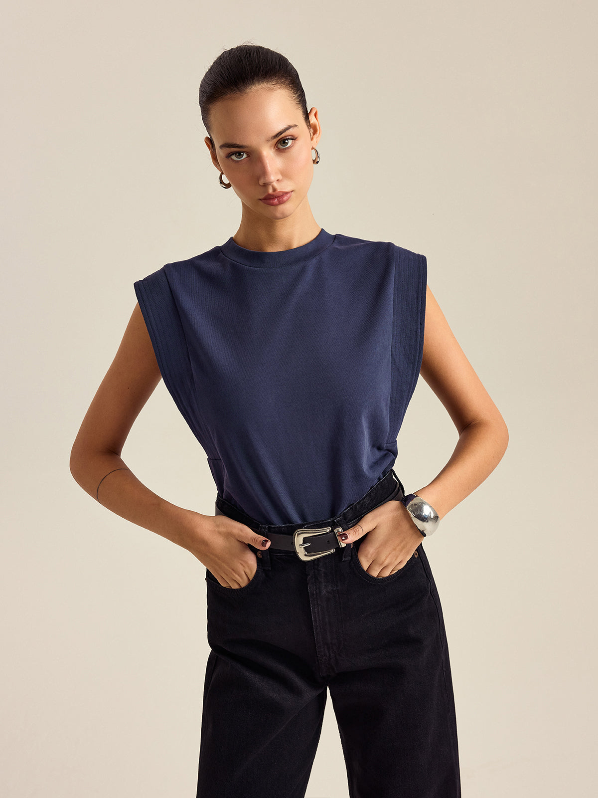 Solid Pleated Sleeveless Top