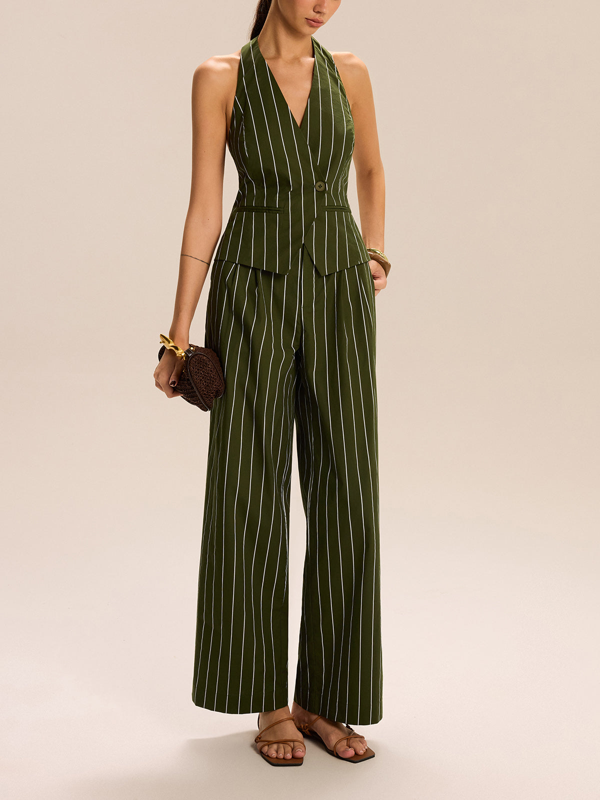 Striped Halter-Neck Vest and Wide-Leg Pants Set