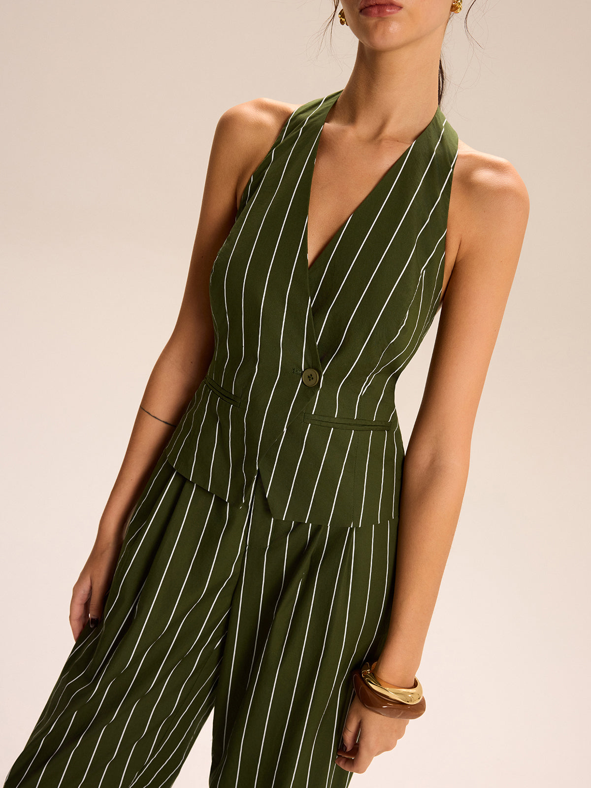 Striped Halter-Neck Vest and Wide-Leg Pants Set