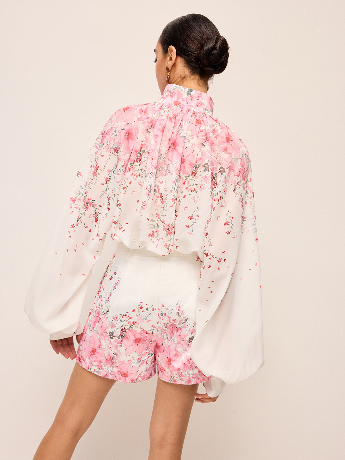 Floral Print Pleated Shorts Set Without Belt