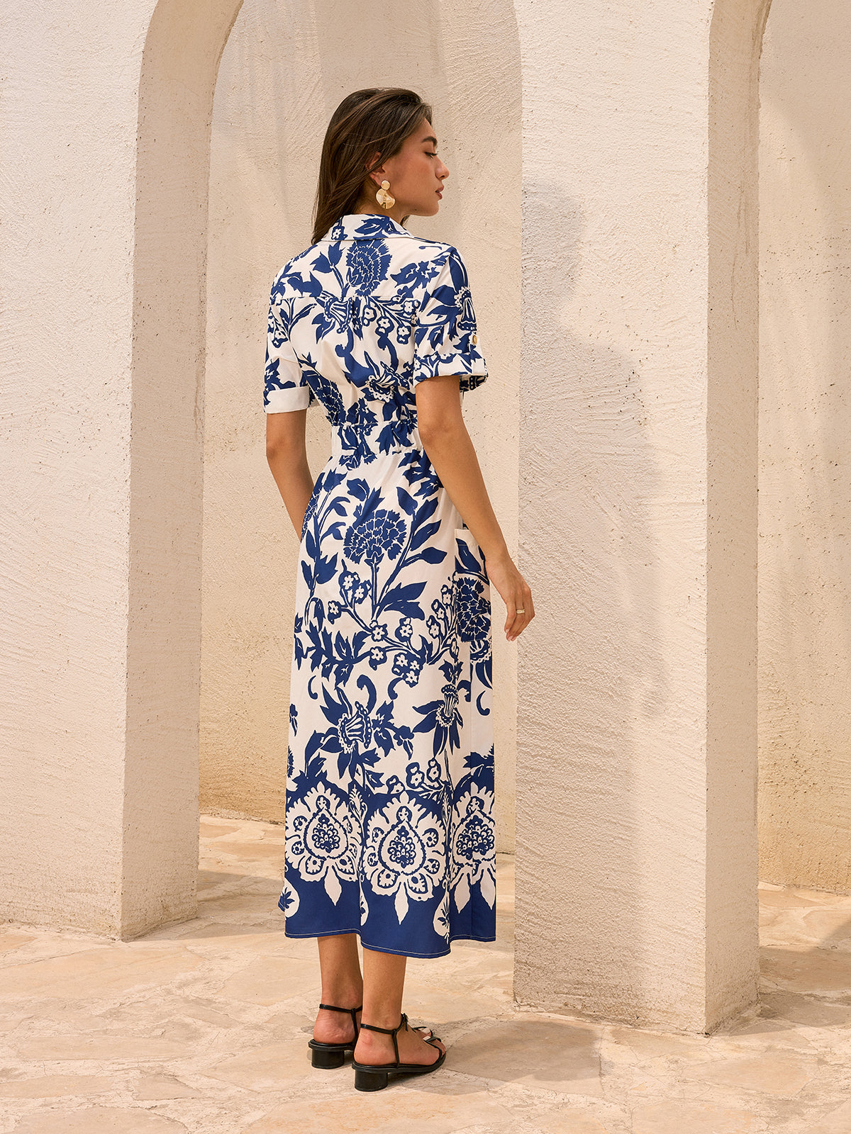 Pocketed Belted Floral Print Midi Dress