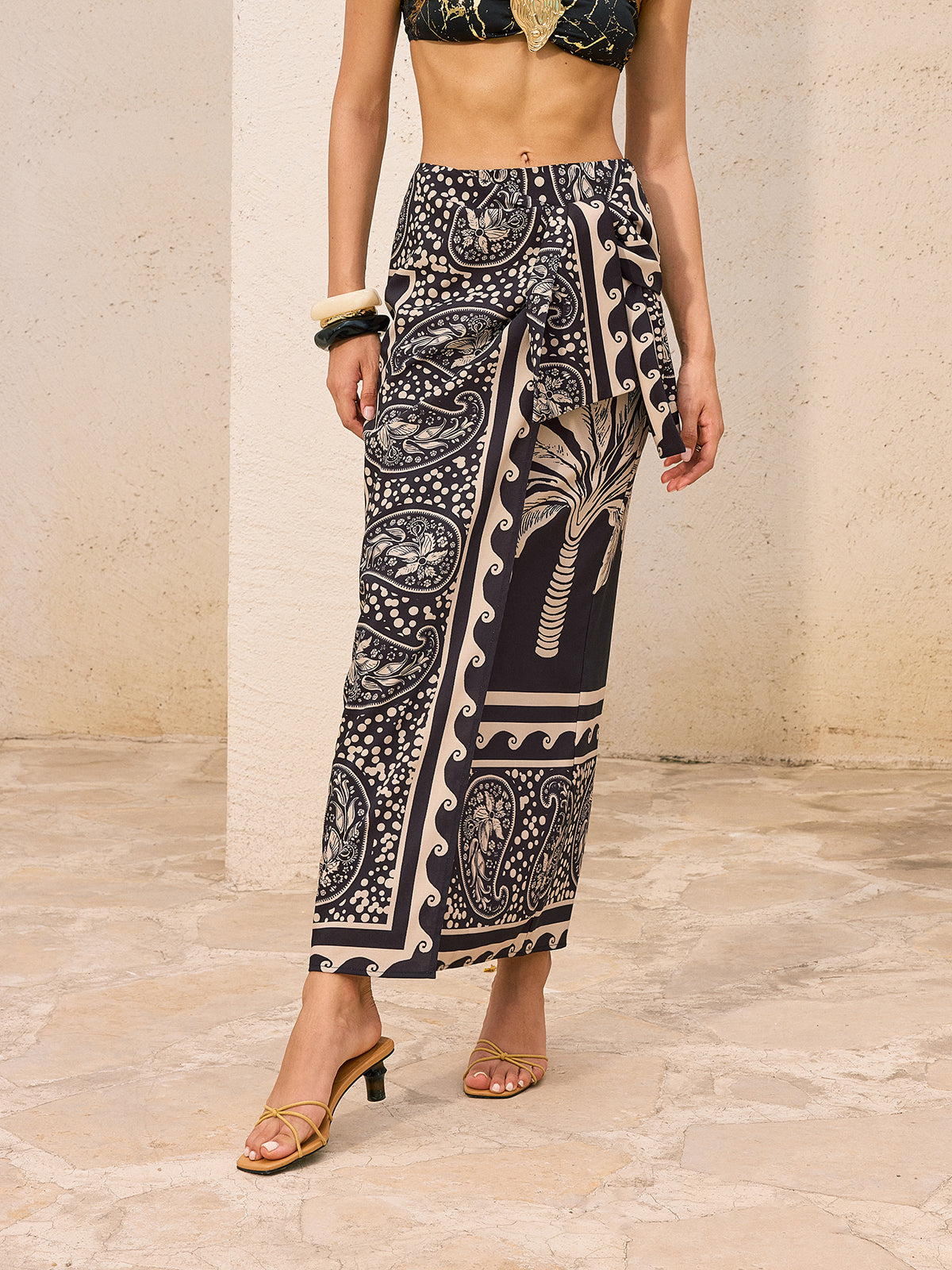 Palm Print Maxi Skirt With Paisley Border