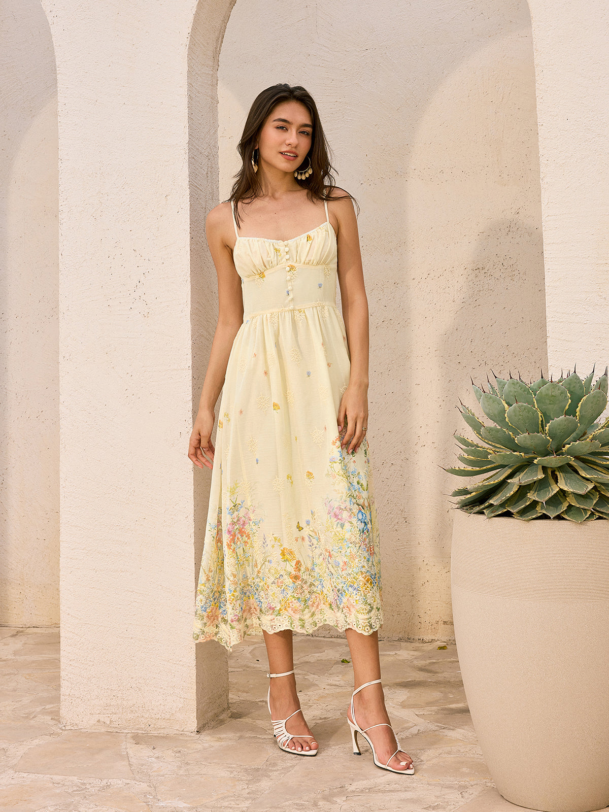 Floral Embroidered Midi Buttoned Dress