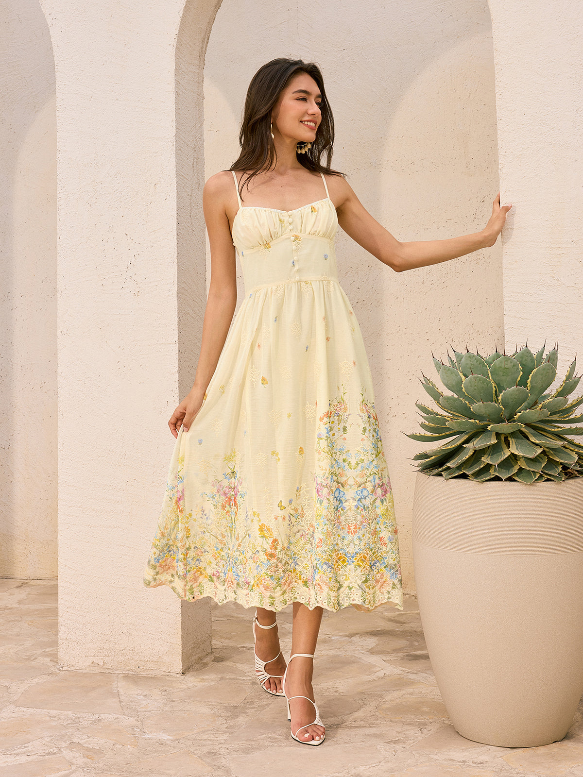 Floral Embroidered Midi Buttoned Dress