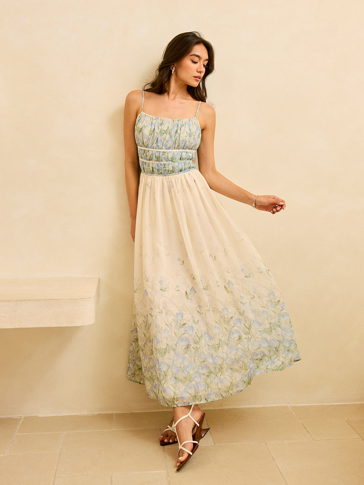 Floral Print Pleat  Waist Tiered Maxi Dress