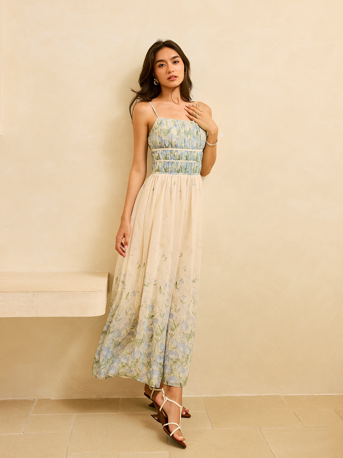 Floral Print Pleat  Waist Tiered Maxi Dress