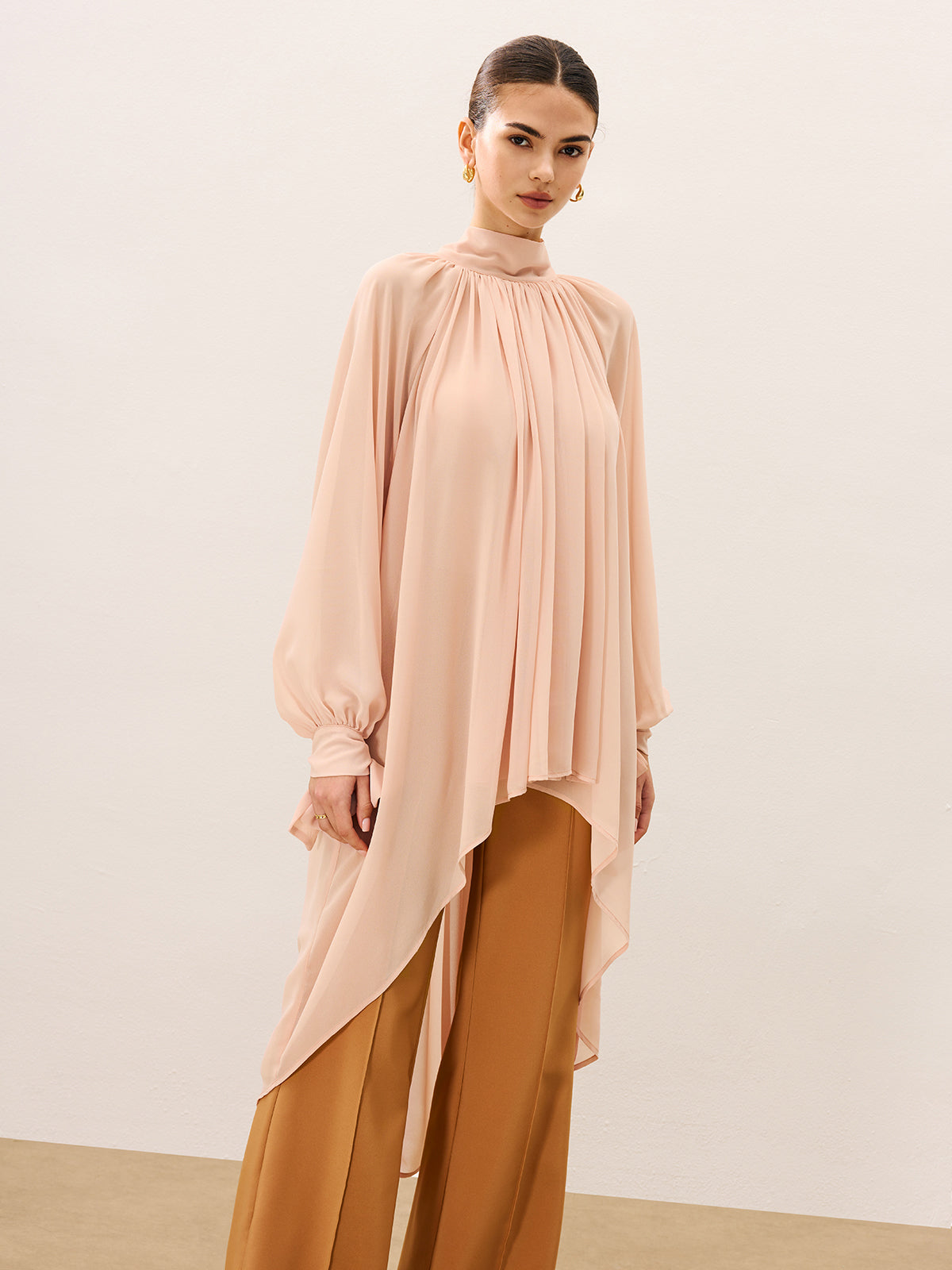 Ruffled Oversized Semi-Sheer Chiffon Blouse